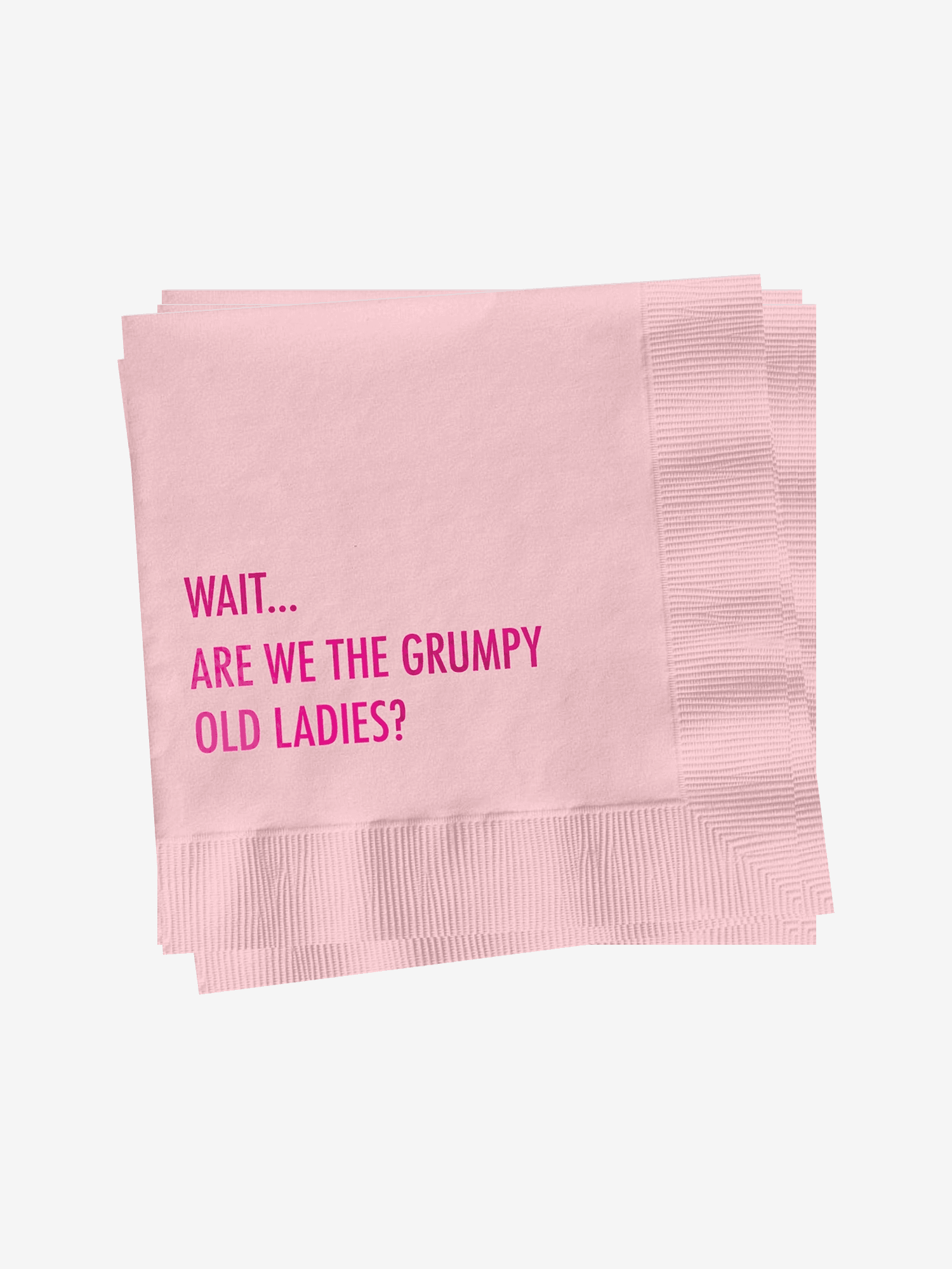 Gøyale rosa cocktailservietter med tekst i metallisk skrift.